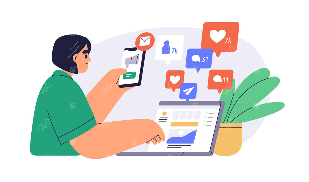 تصویرسازی وکتور فلت مفهوم بازاریابی شبکه‌های اجتماعی (SMM)؛ متخصص دیجیتال مارکتینگ در حال کار روی استراتژی محتوا و رشد لایک، کامنت و فالوور، ایزوله شده در پس‌زمینه سفید