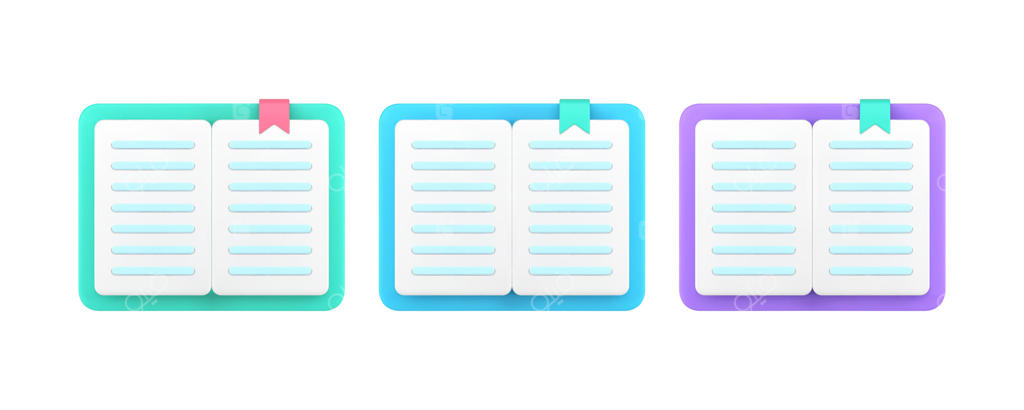 مجموعه آیکون‌های سه‌بعدی کتاب چاپی باز با صفحات نشان‌دار برای آموزش دانشگاهی