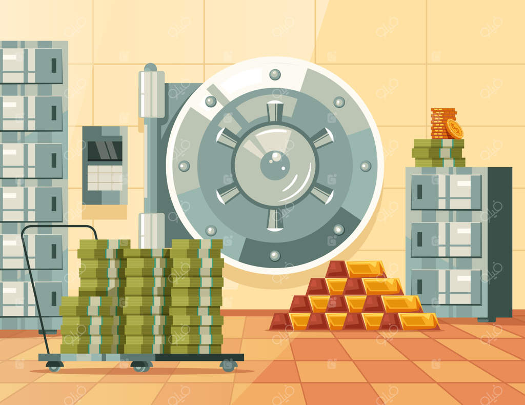 تصویر اتاق امن بانک با طراحی کارتونی و پول نقد