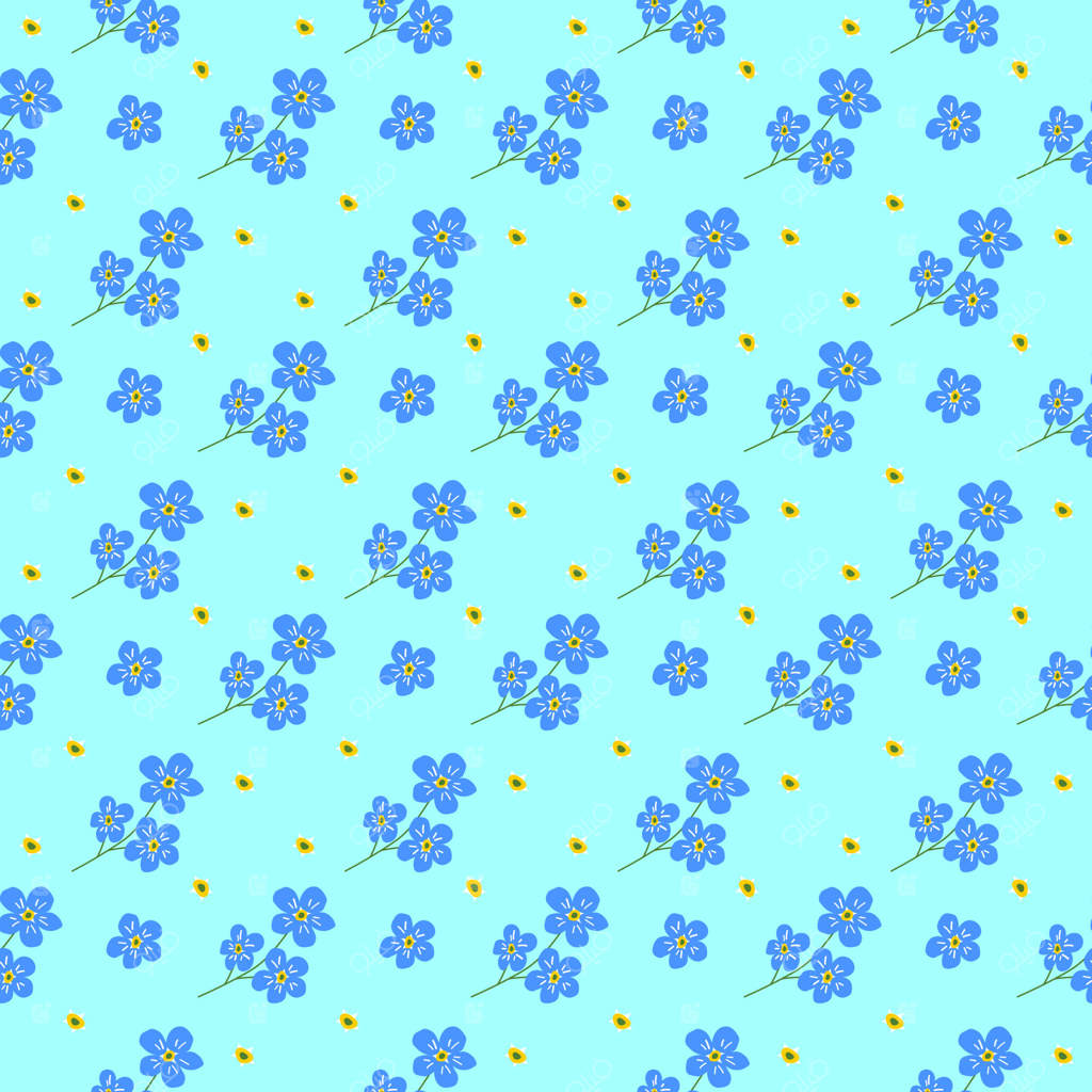 اولین شکوفه‌های بهاری در باغ: پترن یکپارچه گل‌فورگت‌می‌نات آبی سلطنتی، طراحی دستی.