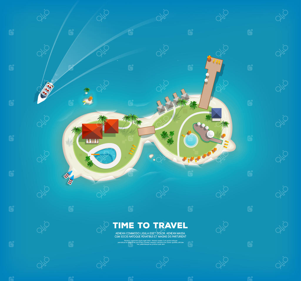 نمای بالای جزیره به شکل عینک آفتابی؛ زمان سفر و تعطیلات. پوستر سفر و گردشگری.