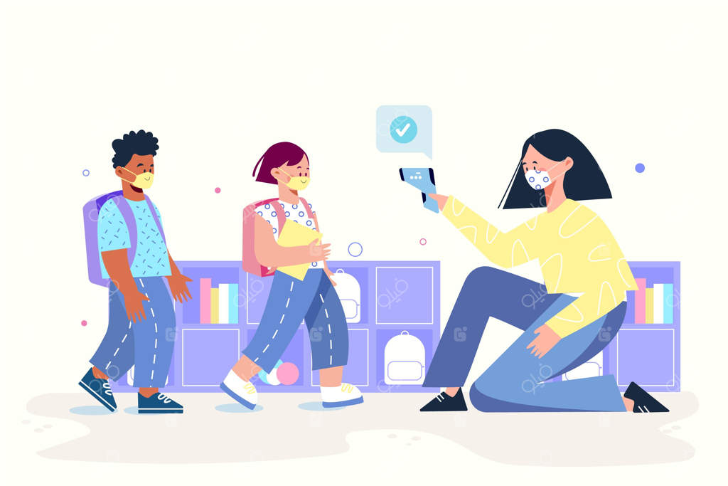 معلم در حال اندازه‌گیری دمای بدن کودکان