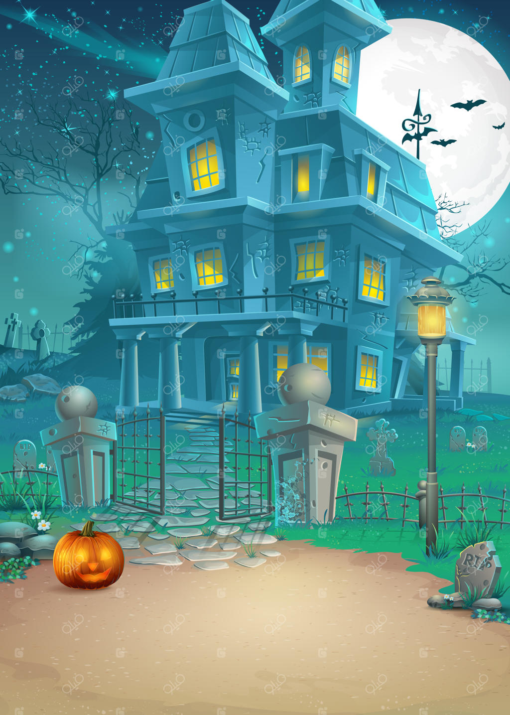 کارت تبریک تعطیلات با خانه تسخیر شده و کدو تنبل ترسناک هالووین