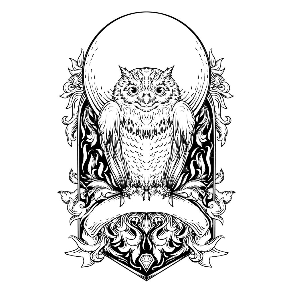 تصویر طراحی دستی سیاه و سفید با نقش جغد حکاکی شده