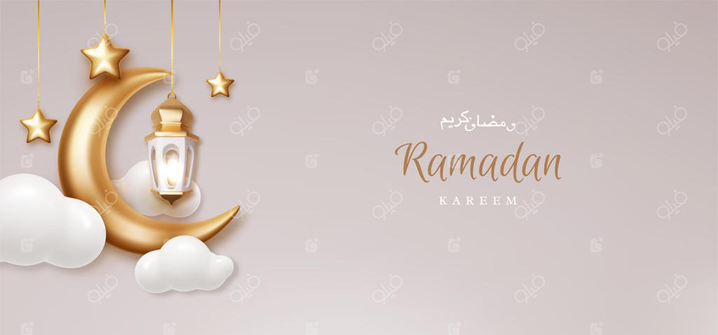 رمضان کریم با هلال طلایی آویزان، ابر و ستاره‌ها - تصویر برداری