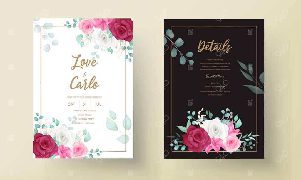 کارت دعوت عروسی با طرح زیبای لیلیوم و گل رز شکوفا