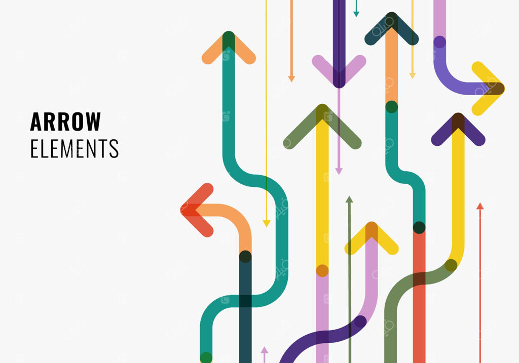 جهت فلش مورب با رنگ‌های متنوع و هم‌پوشانی روی پس‌زمینه سفید