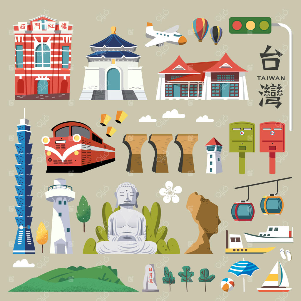 نقشه سفر به تایوان با نوشته‌های چینی "تایوان" در بالا سمت راست و "ردهاوس" روی ساختمان قرمز