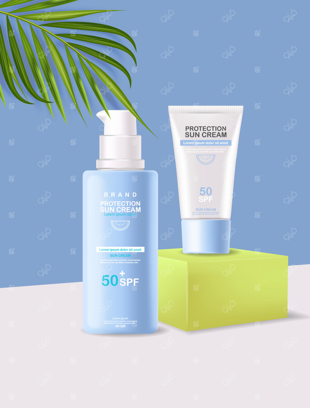 بطری کرم ضد آفتاب سه‌بعدی، صحنه هندسی، کرم محافظت از آفتاب، SPF 50 لوازم آرایشی تابستانی