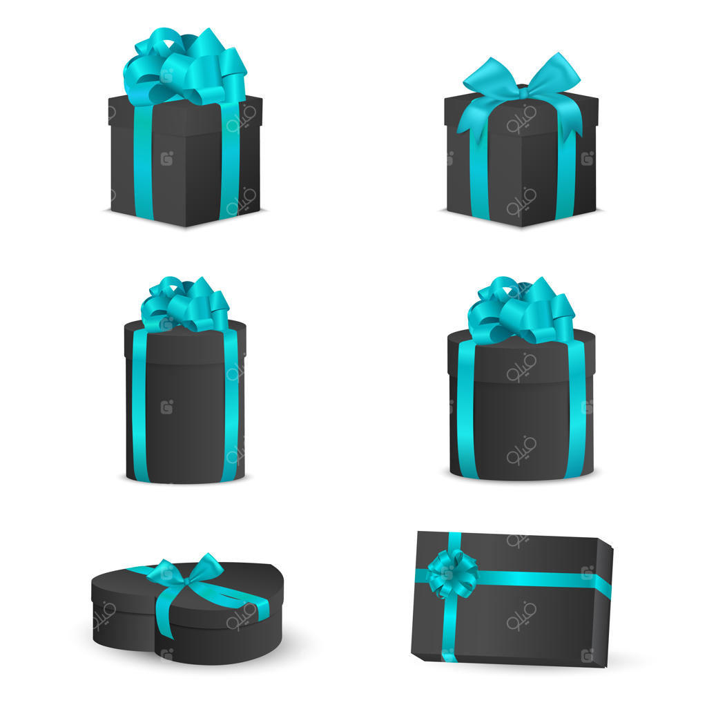 مجموعه‌ای از جعبه‌های هدیه مشکی با پاپیون و روبان آبی.