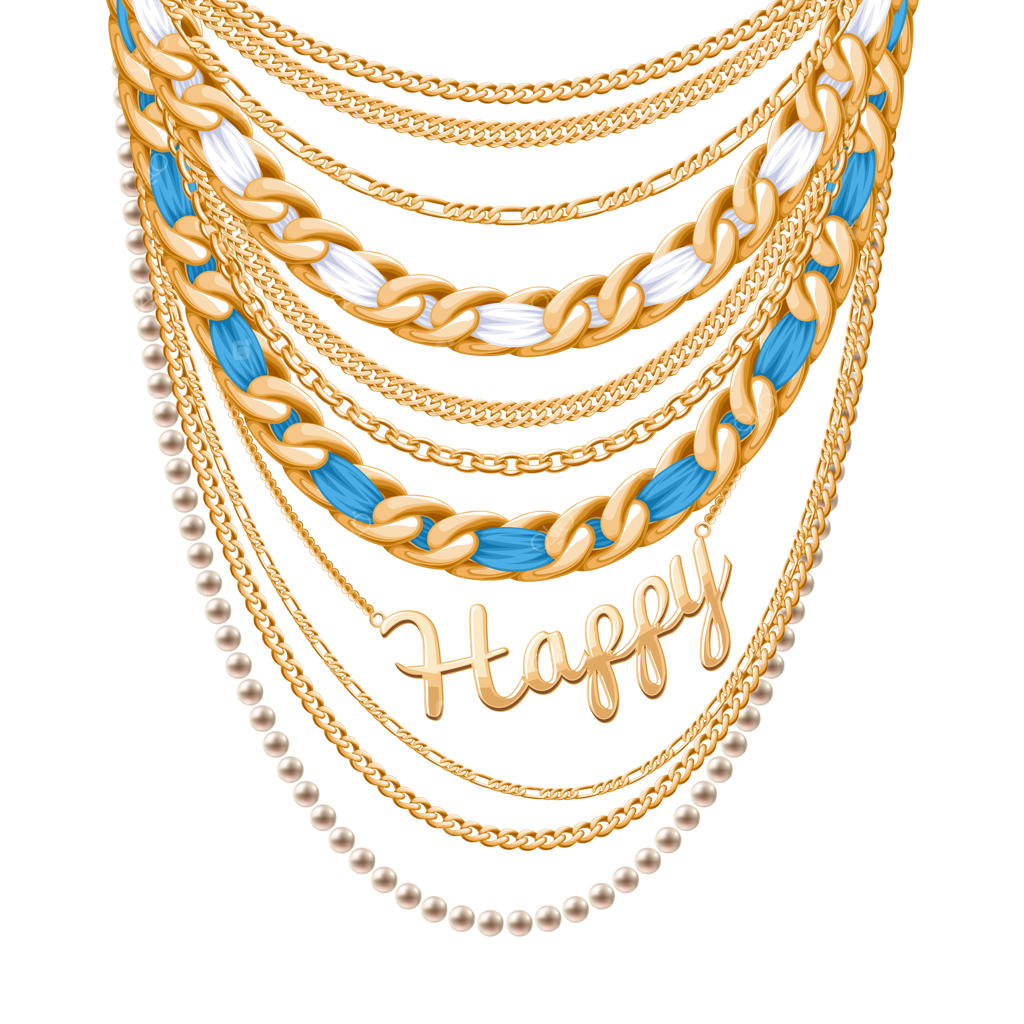 گردنبند زنجیری با مرواریدهای طلایی و فلزی، شامل روبان‌هایی پیچیده شده و آویز کلمه "خوشبختی".  زیورآلاتی شخصی و شیک.