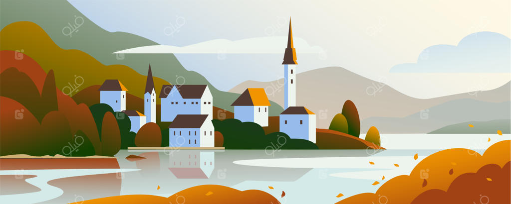 تصویر ساده وکتور از منظره پاییزی شهر اروپایی دنج، چشم‌انداز کوهستانی، آسمان و دریا - مناسب برای بنر سفر، کارت، تبلیغات تور تفریحی، بروشور و پوستر.