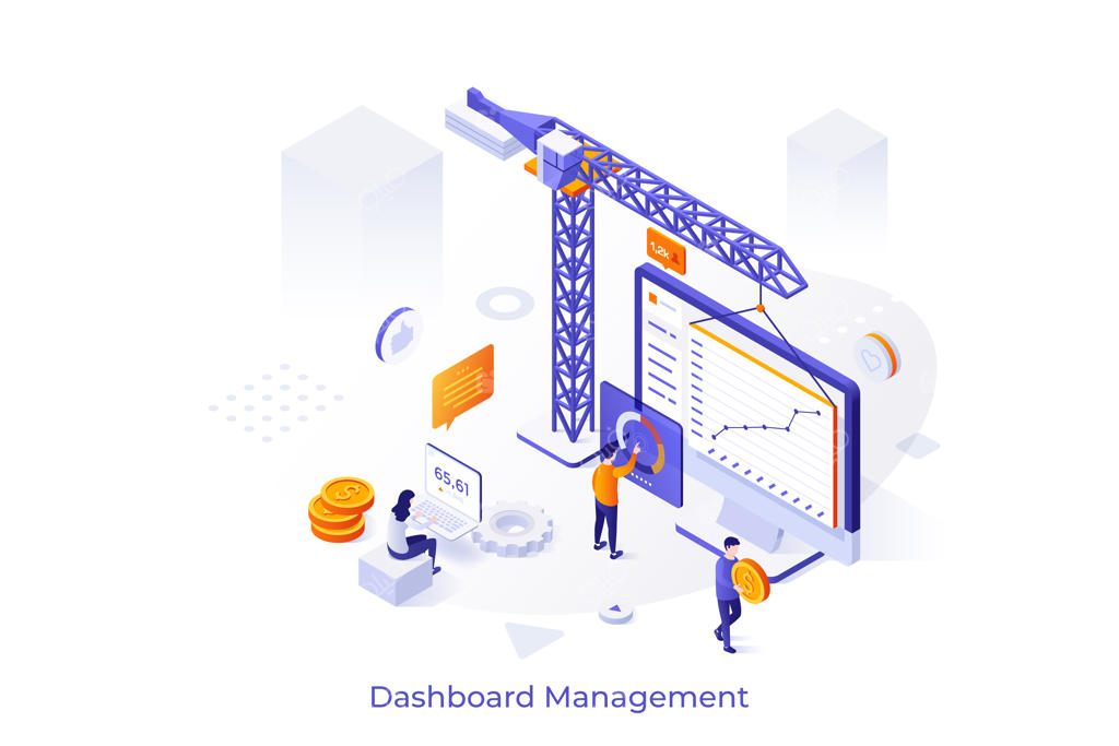 پترن مفهومی با جرثقیل ساختمانی و افراد، لپ‌تاپ و نمودارها همراه با شاخص‌های تجاری روی صفحه داشبورد اینترنتی برای مدیریت شرکت - تصویرسازی ایزومتریک وکتور