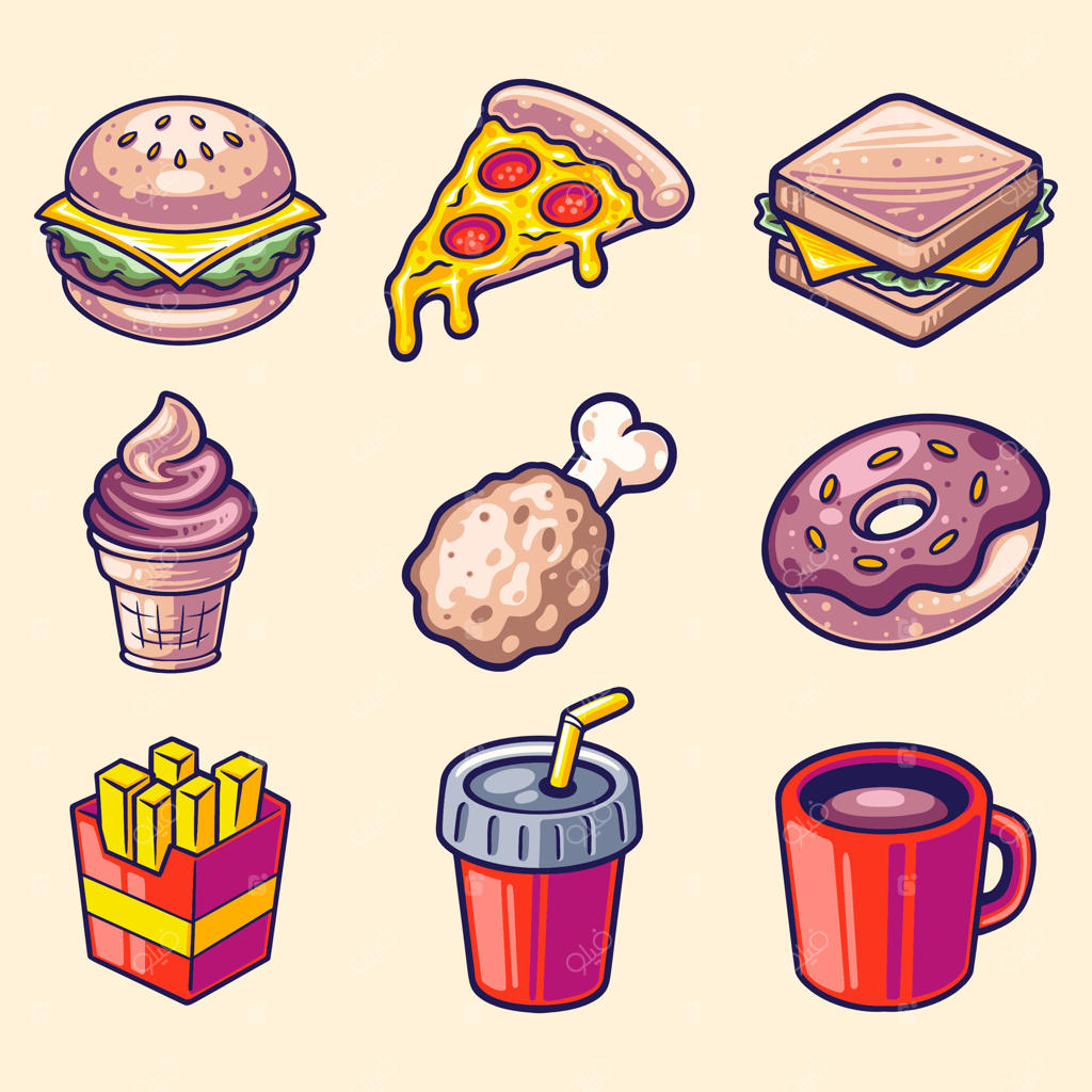 آیکون‌های لذیذ فست‌فود برای طراحی گرافیک