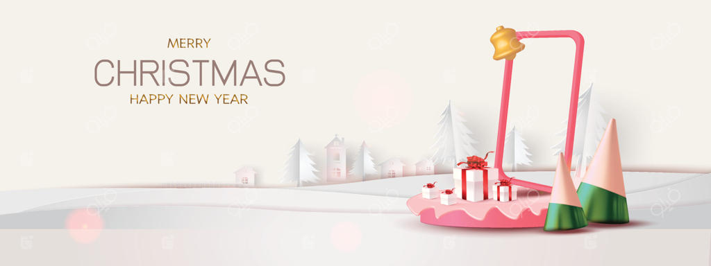 سال نو مبارک. طراحی انتزاعی و مینیمال، خرید هندسی، جعبه هدیه، صحنه واقعی، سکوی نمایش. پس‌زمینه قرمز برای تعطیلات زمستانی. سرصفحه یا بنر وب‌سایت نمایش