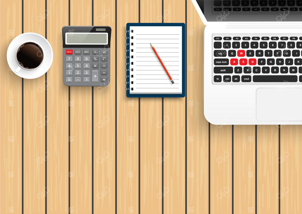 میز کار واقعی از نمای بالا: میز چوبی با مداد فلزی، گوشی هوشمند، قهوه، ماشین حساب و لپ‌تاپ - تصویر وکتور.