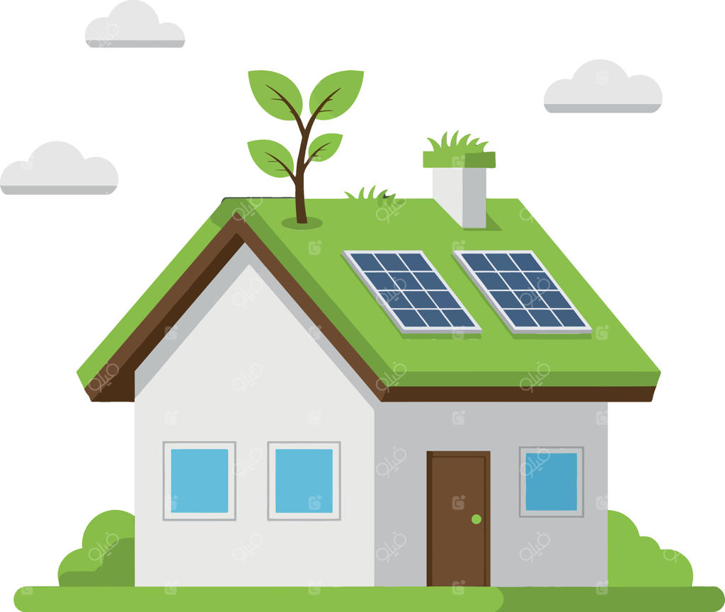 خانه سازگار با محیط زیست با صفحات خورشیدی و فضای سبز بر روی پشت بام در سبک مینیمالیستی، نمادی از زندگی مدرن و پایدار