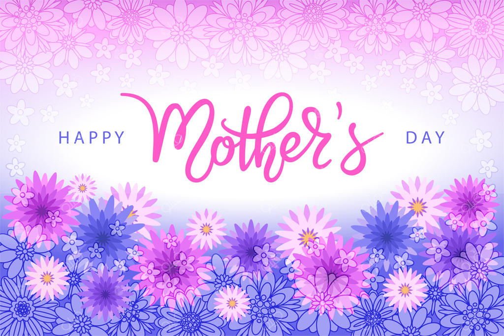 بنر گل‌های بهاری با گل‌های صورتی و بنفش. دست‌نویس "روز مادر مبارک". کالگرافی مدرن و زیبا. پترن طراحی برای کارت تبریک، پوستر، و والپیپر.