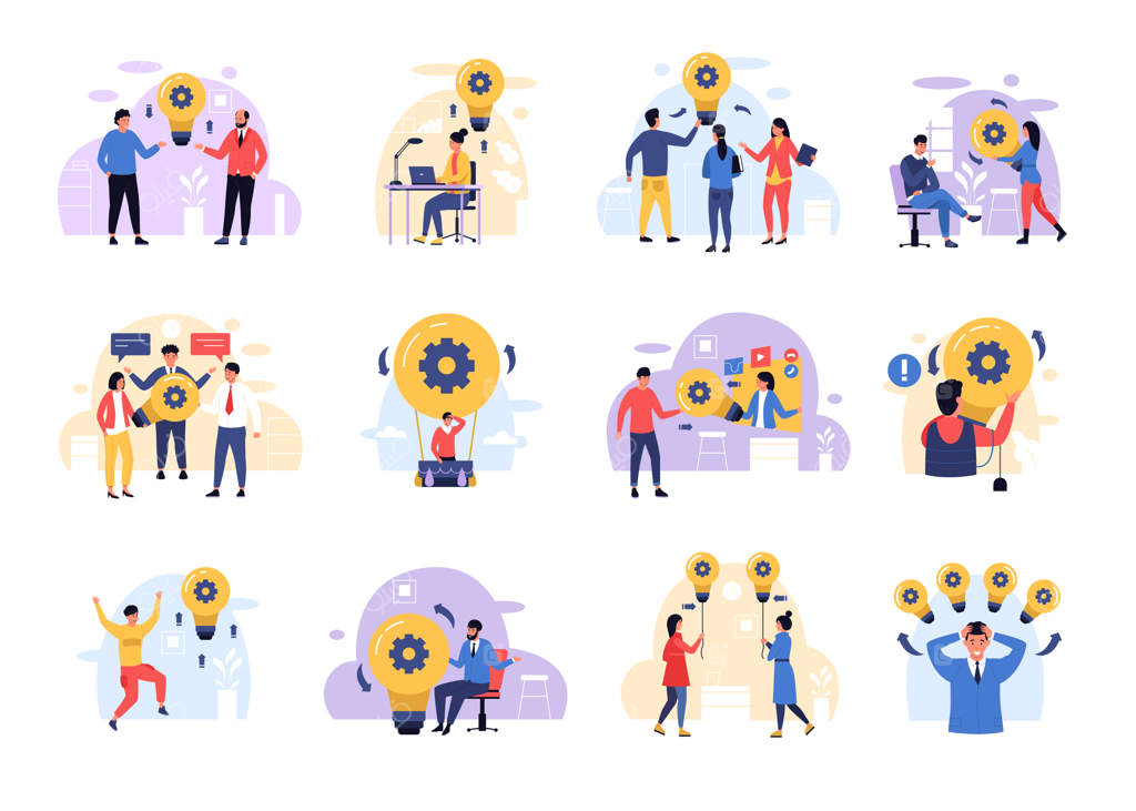 افرادی با لامپ‌های روشن: ایده‌های خلاقانه و فرآیند یافتن راه‌حل در تیمی که با یکدیگر بر روی نوآوری کار می‌کنند. مجموعه‌ی وکتور مجزا