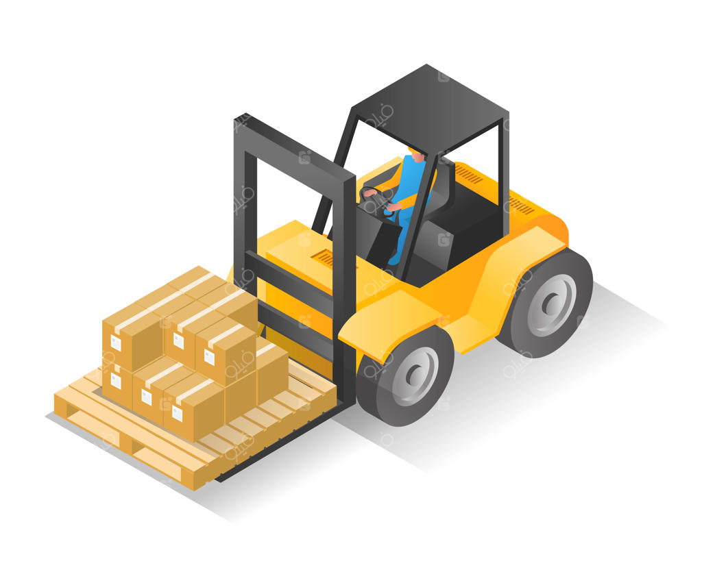 تصویرسازی ایزومتریک و تخت مرد در حال جابجایی کالا با لیفتراک