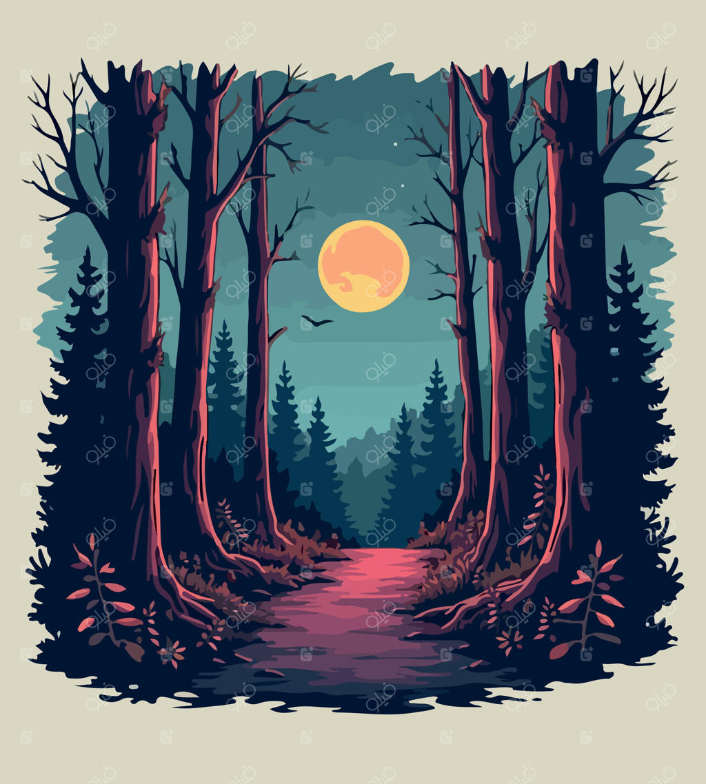 مسیر جنگلی با ماه کامل در پس‌زمینه