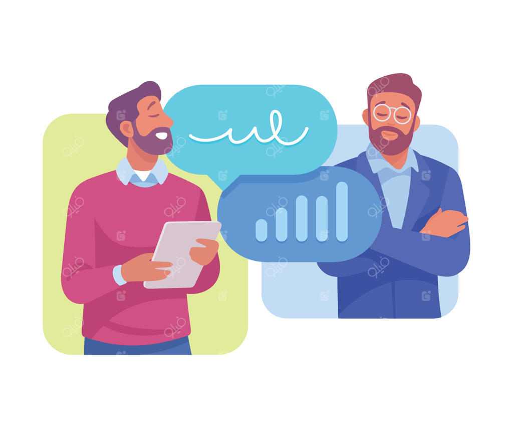 تصویرسازی فرآیند کسب‌وکار با مردی در حال صحبت و مشغول تحلیل داده‌ها