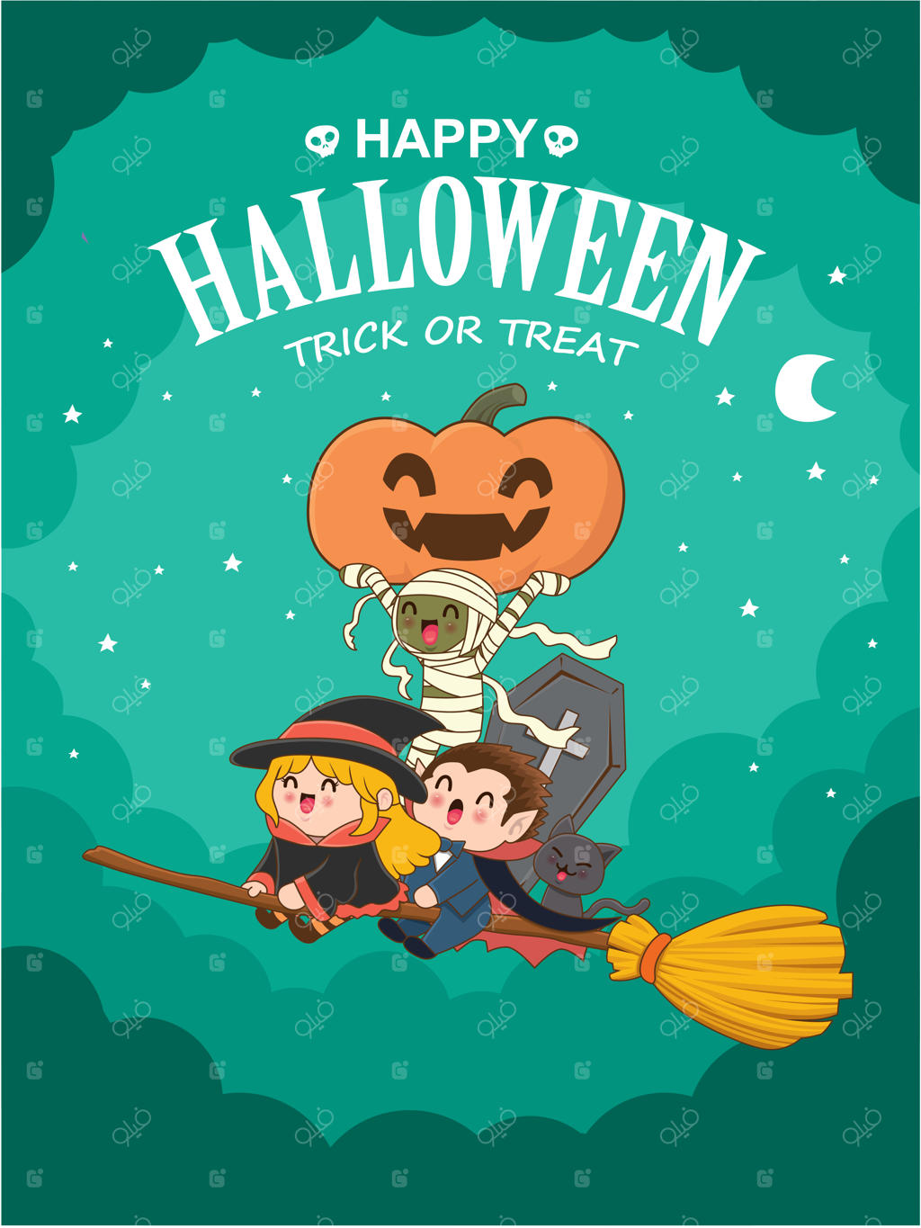 طراحی پوستر هالووین کلاسیک با شخصیت‌هایی از وکتور خون‌آشام، جادوگر، مومیایی، گربه و جک فانوسی.