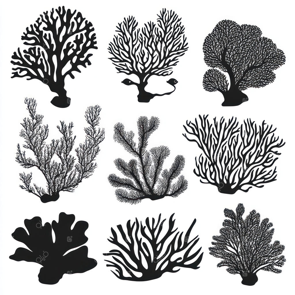 تصویرسازی وکتور مینیمال و سیاه از سیلوئت‌های مرجان