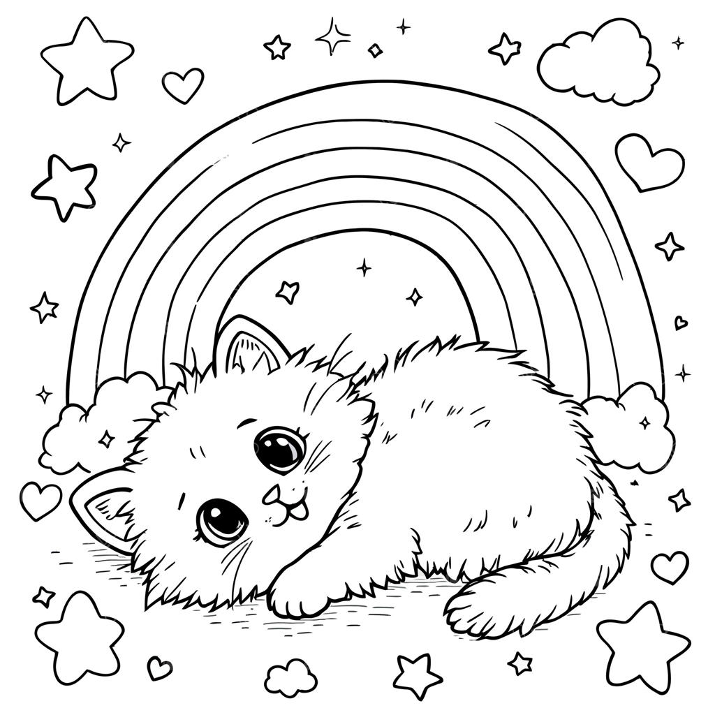 نقاشی بامزه بچه گربه پشمالو خوابیده زیر رنگین‌کمان با ستاره‌ها و قلب‌ها