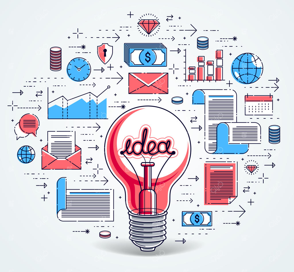 لامپ روشن و مجموعه‌ای از آیکون‌ها، مفهوم خلاقانه ایده کسب‌وکار، تمثیلی از تجارت الکترونیک، کسب‌وکار اینترنتی، بازار آنلاین یا فروشگاه اینترنتی، تصویرسازی وکتور.