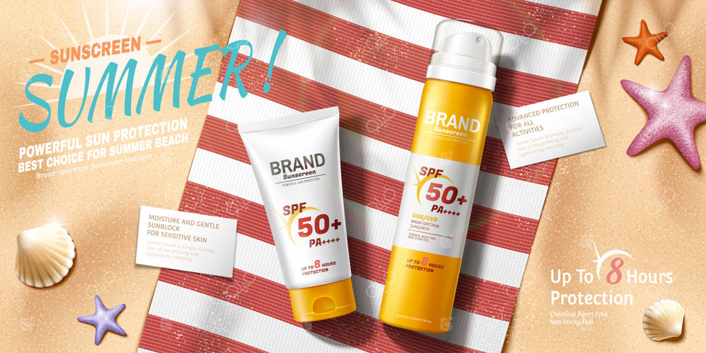 تبلیغات کرم ضد آفتاب در یک صحنه آرامش‌بخش ساحل تابستانی در تصویرسازی سه‌بعدی، زاویه دید از بالا