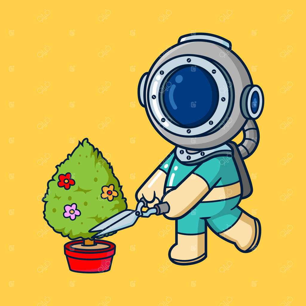 غواص با قیچی باغبانی بزرگ گیاهان را برش می‌زند