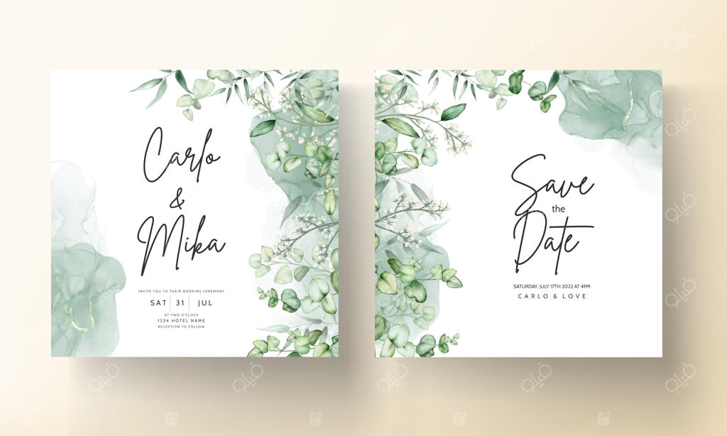 کارت دعوت عروسی آبرنگی با طرح برگهای اکالیپتوس شیک