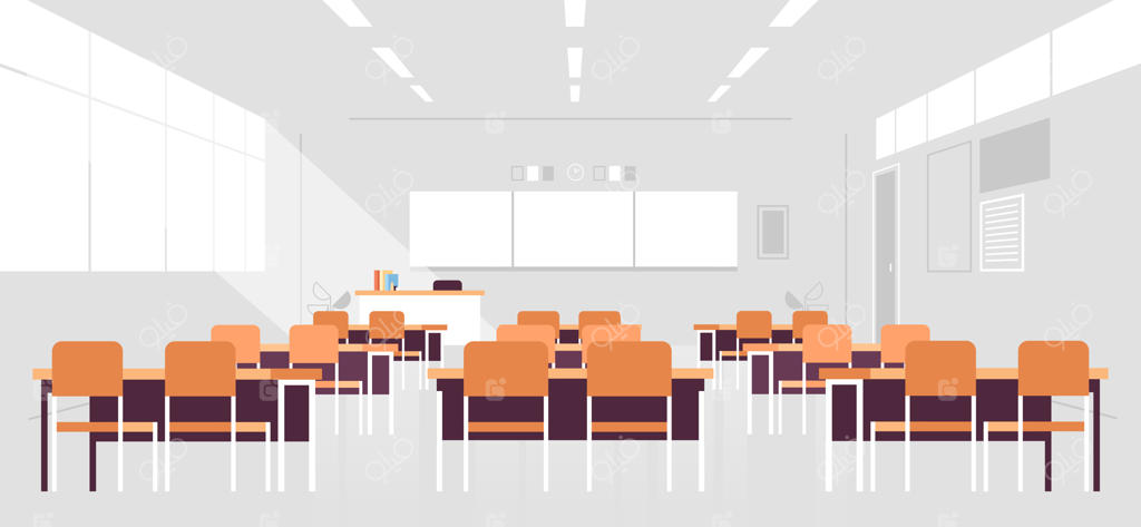 فضای داخلی کلاس درس مدرن و خالی با تخته و میز
