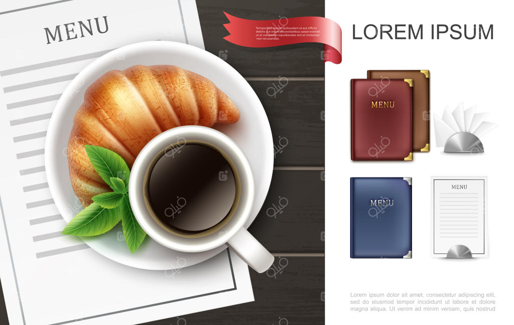 طرح واقعی جلد منوهای رنگارنگ با فنجان قهوه، برگ‌نعنا، کروسان روی بشقاب، کارت‌منو و دستمال‌های پارچه‌ای با نگهدارنده‌های فلزی