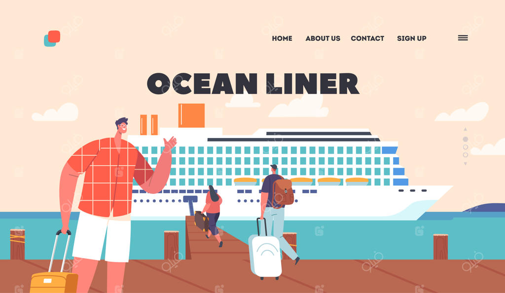 قالب صفحه فرود کشتی اقیانوس‌پیما: گردشگران منتظر سوار شدن به کشتی کروز در اسکله چوبی، مسافرت دریایی