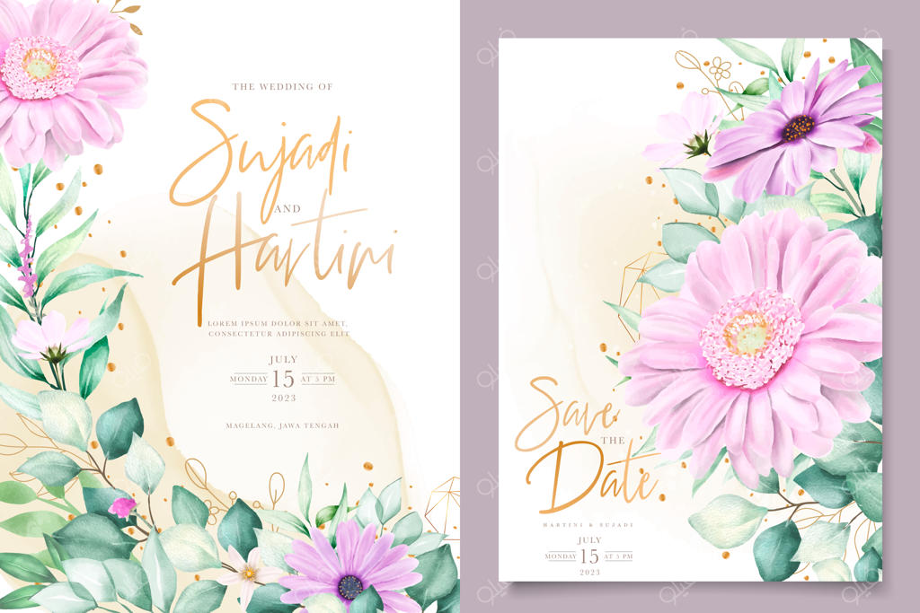 ست کارت دعوت گل‌ها و برگ‌ها با طراحی آبرنگی شیک و زیبا