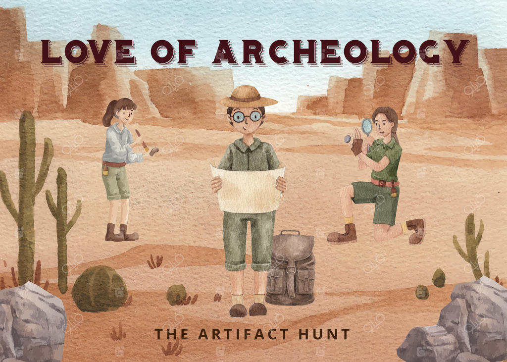 الگوی کارت پستال با طرح باستان‌شناس فسیل به سبک آبرنگ