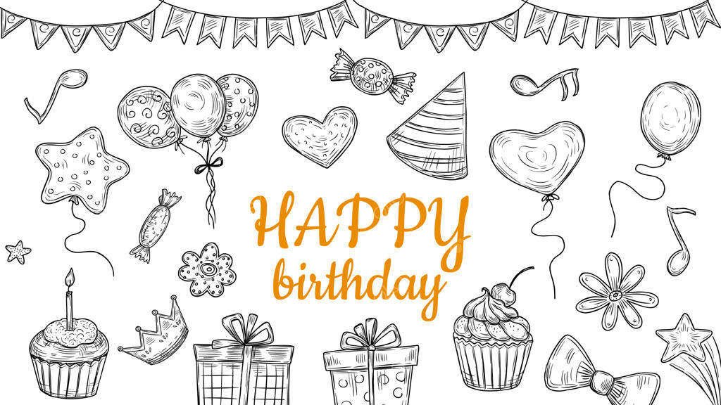تولدت مبارک! بنر مهمانی نقاشی المان‌ها - علائم جشن، بادکنک‌ها، هدایا، گارلندها و کیک - پس‌زمینه وکتور شیرینی‌ها