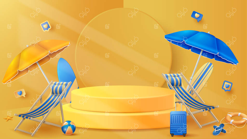 پس‌زمینه دکوراسیون نمایش تابستانی با تزئینات ساحلی - تصویرسازی وکتور سه‌بعدی