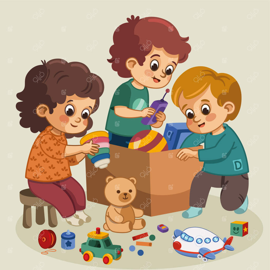 تصویر برداری از گروهی از کودکان در حال بازی با اسباب‌بازی‌هایشان