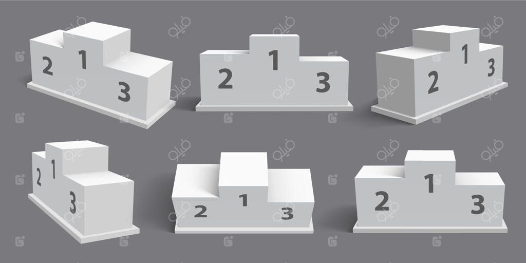 سکوهای قهرمانی: سکوی واقع‌گرایانه با نورافکن، جایگاه اول، دوم و سوم. مجموعه طرح‌های موکاپ سکوهای برنده‌ها.