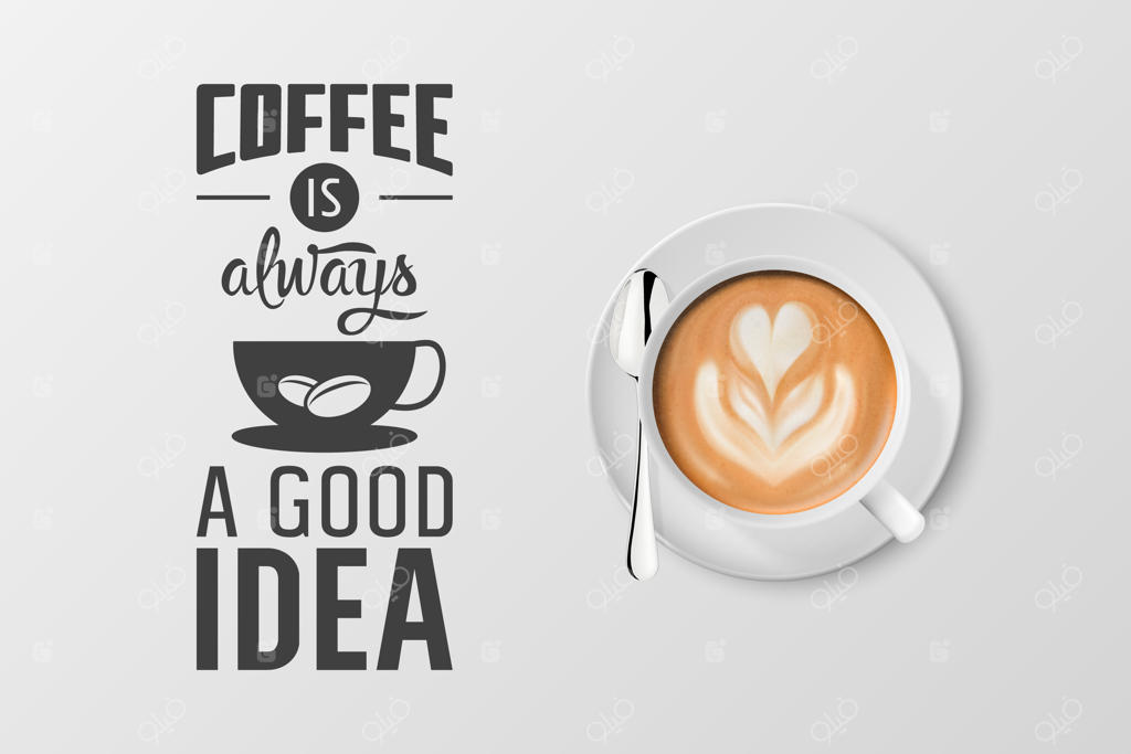 طرح قالب طراحی تصویر: لیوان قهوه سه‌بعدی سفید فلزی واقعی با فوم کاپوچینو لاته و نقل‌قولی درباره قهوه (نمای بالا)