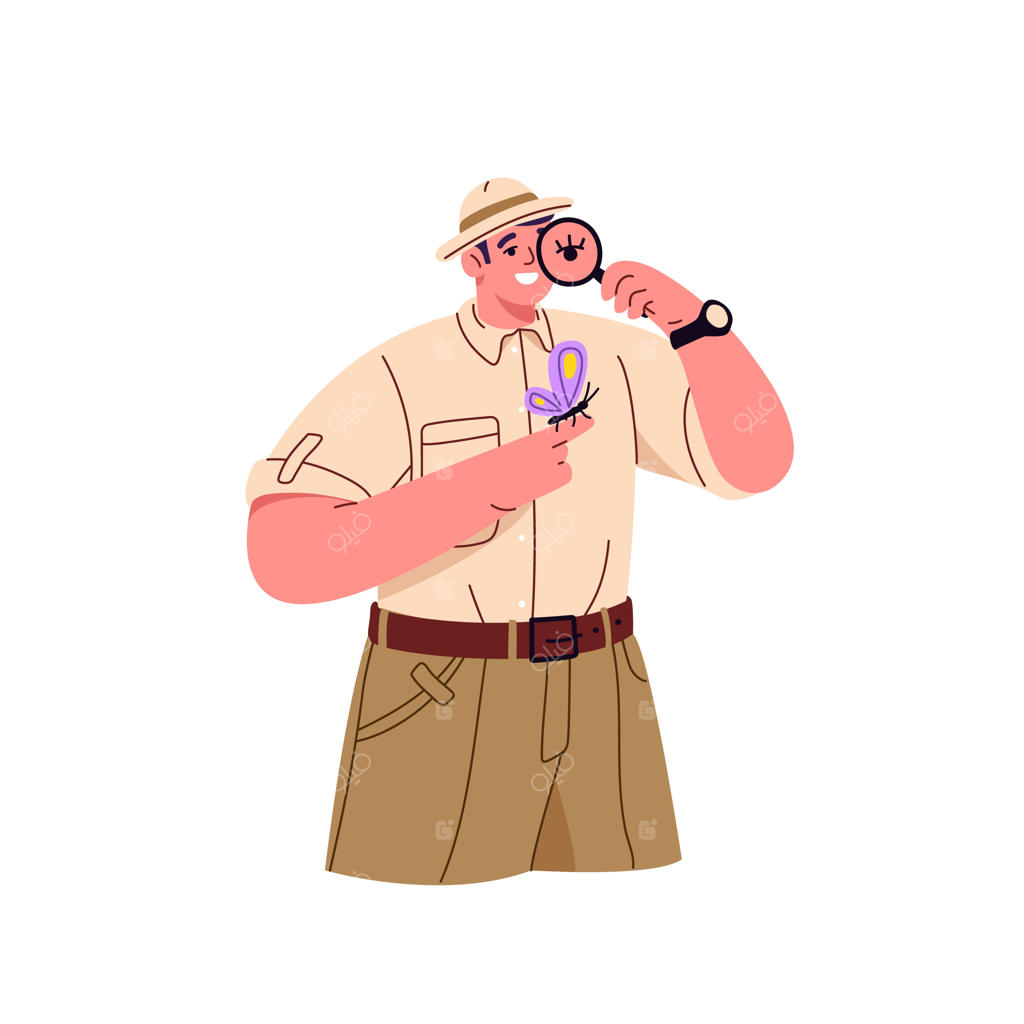 کاشف حشره‌شناس در حال مشاهده پروانه با ذره‌بین: دانشمند حشره‌شناسی که طبیعت و جانورشناسی را کاوش می‌کند – تصویرگری وکتور آماتور به‌صورت تخت روی پس‌زمینه سفید