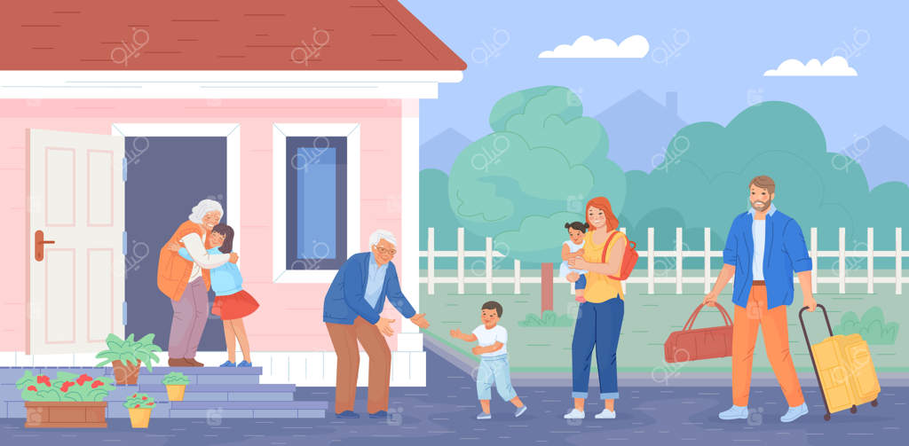 دیدار نوه‌ها: نوه‌های خانواده مهمان پدربزرگ و مادربزرگ! بچه‌ای با شادی به سوی پدربزرگ می‌دود، مادربزرگ با نوه بزرگسال در آغوش‌کشی گرم. لحظه‌ای زیبا در خانه.