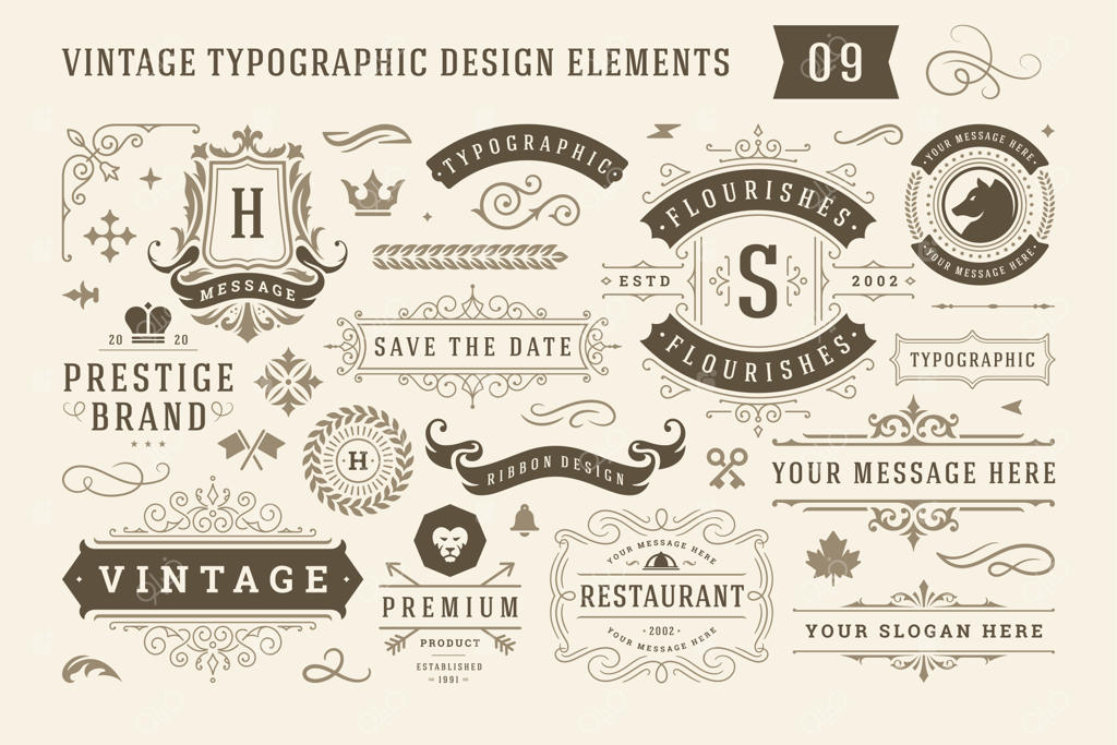 مجموعه عناصر طراحی، برچسب و نشان‌های تایپوگرافی وینتیج