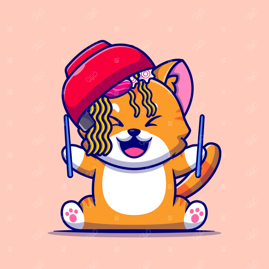 تصویر کارتونی بامزه گربه با کاسه نودل رامن و چوب چینی.