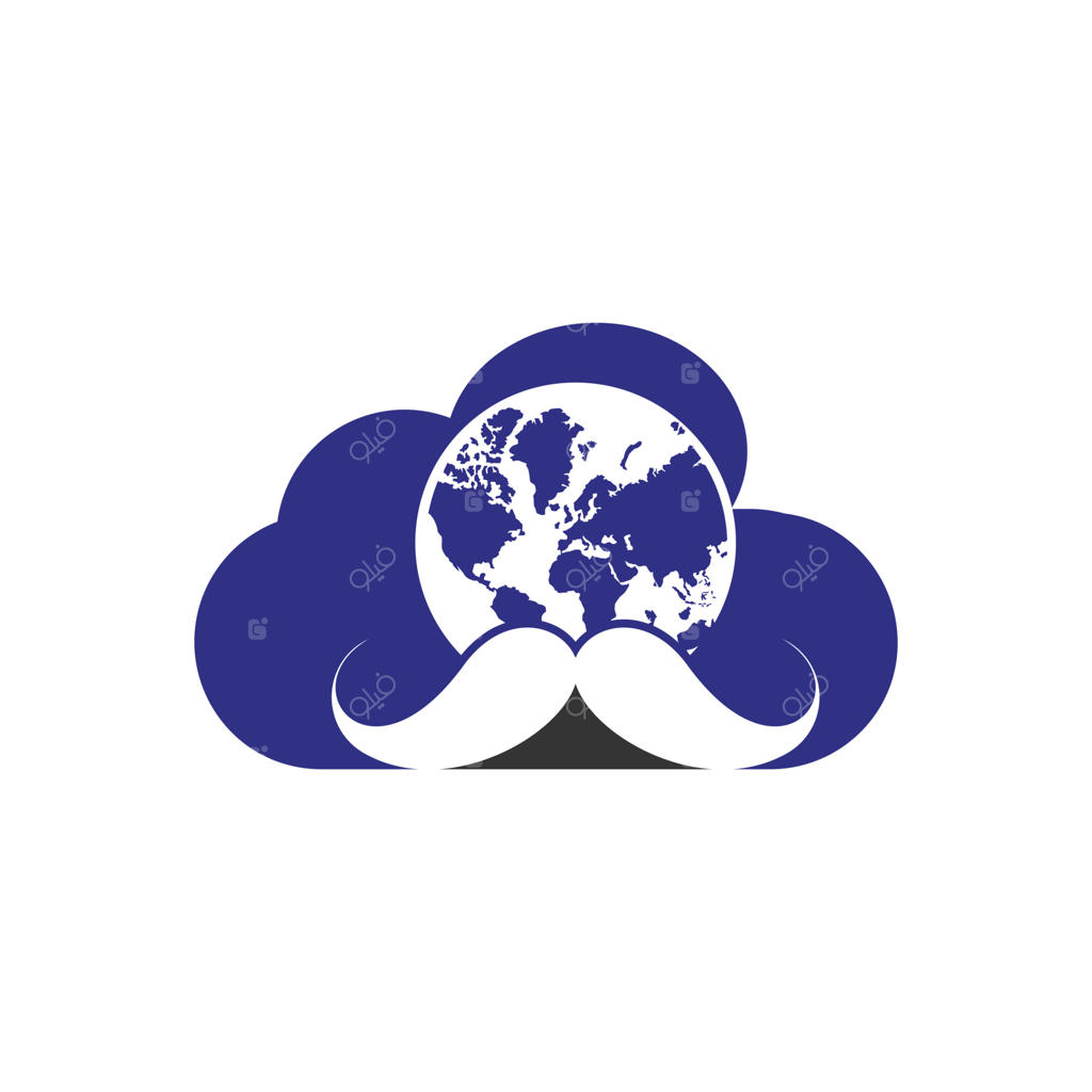 پترن طراحی لوگوی وکتور آرایشگاه جهانی؛ طراحی لوگو با نماد سبیل و کره زمین.