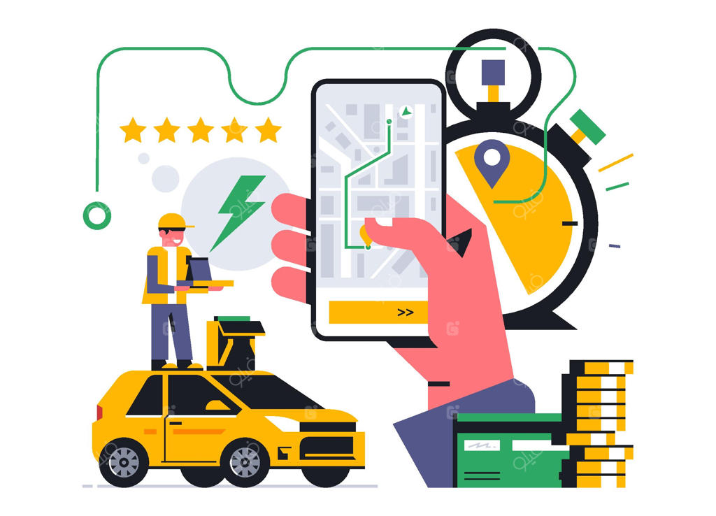 سرویس ارسال غذای آنلاین به خانه: پیگیری سفارش از طریق اپلیکیشن موبایل اپ وکتور خودروی ستاره‌ای