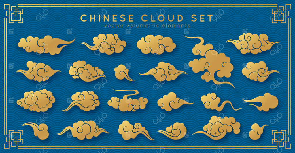 مجموعه ابرهای حجمی آسیایی: تزیینات ابری سنتی به سبک چینی، کره‌ای و ژاپنی. مجموعه عناصر دکوراتیو کلاسیک وکتور.